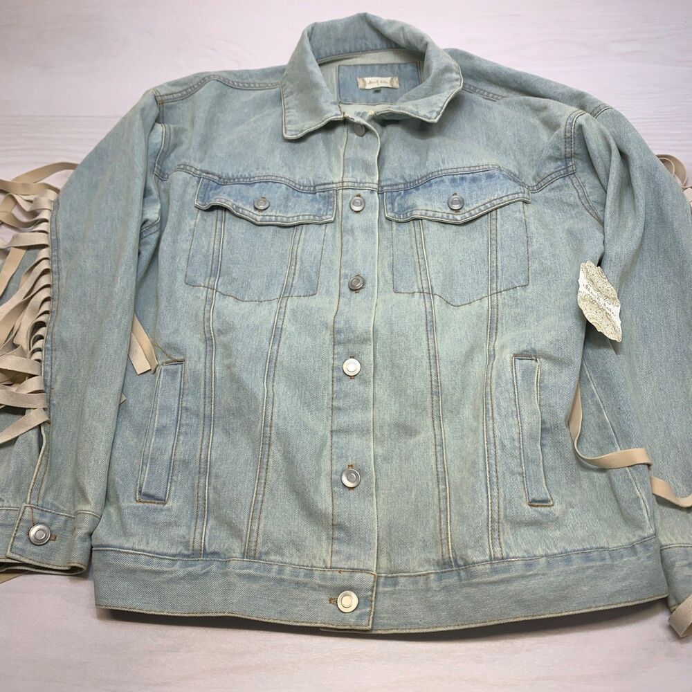 NWT Altar'd State Cropped Fringed Blue Denim Urban Cowgirl Jacket Tan Women's S